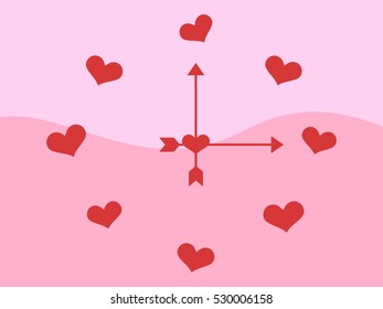 Red clock hearts on pink waves background