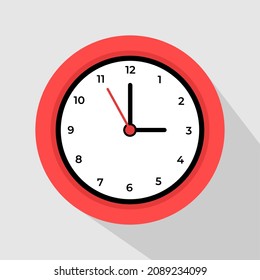 Red Clock icon design on a light background, flat style. Time icon. Three o'clock. Circle badge, symbol, clock sign for website design. Vector illustration