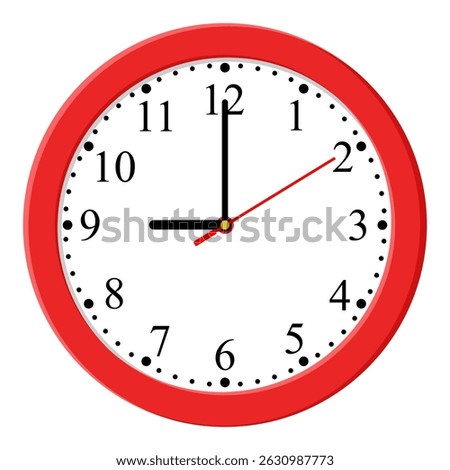 Red Clock icon design on a light background, flat style. Time icon. Nine o'clock. Circle badge, symbol, clock sign for website design. Vector illustration