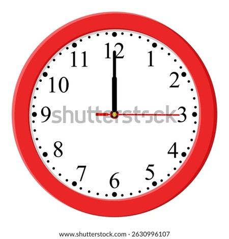 Red Clock icon design on a light background, flat style. Time icon. Twelve o'clock. Circle badge, symbol, clock sign for website design. Vector illustration