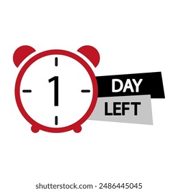 Red clock icon. One day left. Countdown timer vector. Bold text design.