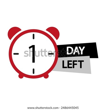 Red clock icon. One day left. Countdown timer vector. Bold text design.