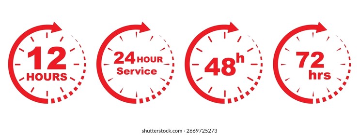 Red clock icons showing 12, 24, 48, and 72 hours, modern timer symbols for delivery, shipping, deadline, fast service, express time, schedule, countdown, business, and digital interface best designs.