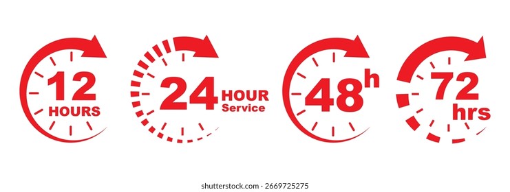Ícones do relógio vermelho mostrando 12, 24, 48 e 72 horas, símbolos do temporizador moderno para entrega, transporte, prazo, serviço rápido, tempo expresso, cronograma, contagem regressiva, negócios e melhores designs da interface digital.