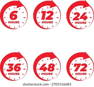 Iconos rojos del reloj que muestran 6 12 24 36 48 y 72 horas de tiempo de respuesta ilustración.