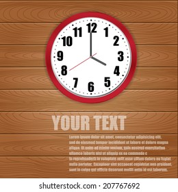 Red Clock on Wooden Background, Vector illustration.