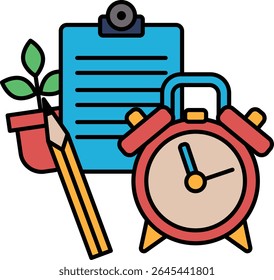 Um relógio vermelho com um lápis e um pedaço de papel sobre uma mesa. O relógio está definido para a hora das 10:00