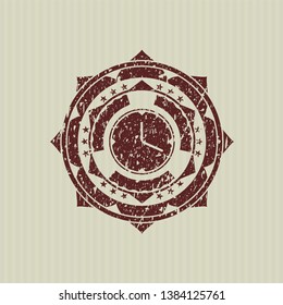 Red clock, time icon inside distress grunge style stamp