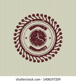 Red clock, time icon inside grunge stamp