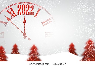 Red clocks showing 2022 year. Red coniferous trees, fir in snowy forest with snowdrift. Vector holiday illustration.