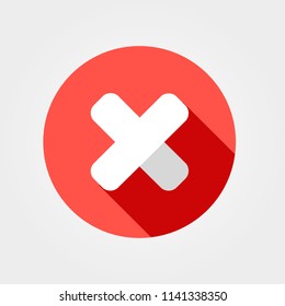 Red close icon with shadow. Volume sign of failure, fail, wrong, decline, remove. Red cross. Vector illustration. 