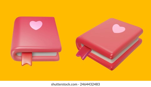 Red closed book with ribbon and heart. Cute romantic diary in realistic 3d style. Bright vector illustration.