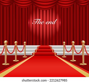 Red closed curtain in hall for ceremony, Golden fencing and red carpet leading to the stage with spotlight and the inscription "the end". Vector illustration in realistic style.