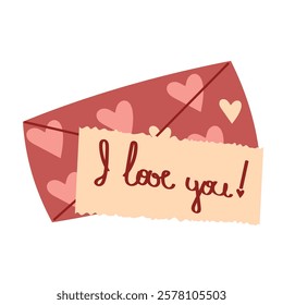 Red closed envelope with a note and the inscription I love you. Vector illustration of a love letter, the concept of Valentine's Day, Wedding, Romantic relationships. Colored icon, sticker