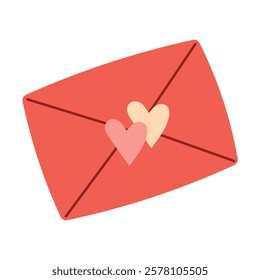 Red closed envelope with two hearts. Vector illustration of love letter in sealed envelope, concept of Valentine's Day, Wedding, Romantic relationship