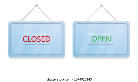 Red Closed and green Open hanging door signs. Blue sign with shadow isolated on a white background. Realistic vector illustration