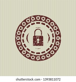 Red closed lock icon inside rubber stamp with grunge texture