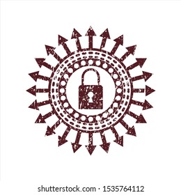 Red closed lock icon inside distressed rubber grunge stamp
