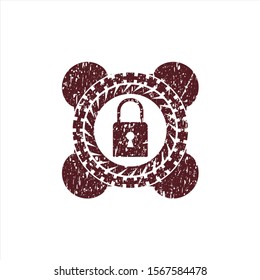 Red closed lock icon inside distress rubber grunge texture seal
