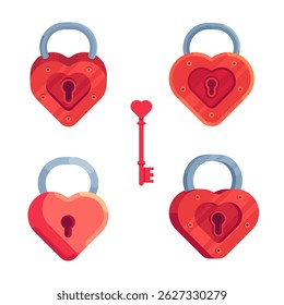 Red closed locks in the shape of hearts with a key for them. Stylized illustration of love locks with key.