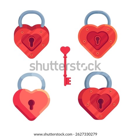 Red closed locks in the shape of hearts with a key for them. Stylized illustration of love locks with key.