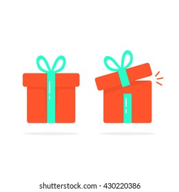 red closed and open gift boxes. concept of minimal kit, marvel, precious, giftbox strip, wonder, miracle, magic, xmas season, parcel. flat style logo design vector illustration on white background