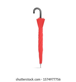 Red closed umbrella standing upside down isolated on white background, colorful parasol twisted, folded shut and fastened - realistic vector illustration.