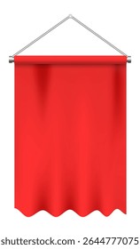 Red cloth banner hanging from a metallic support, waving gently in the wind against a clean white background, creating an ideal space for adding text or logos for promotional use