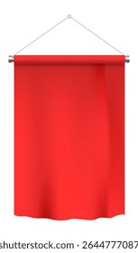 Red cloth banner hanging on a metal support creating a vibrant and eye catching display against a clean white background, perfect for showcasing messages or announcements