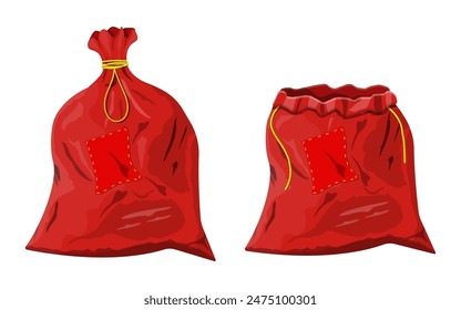 Red cloth closed and open bag. Canvas christmas sack for gifts. Happy new year decoration. Merry christmas holiday. New year and xmas celebration. Vector illustration in flat style