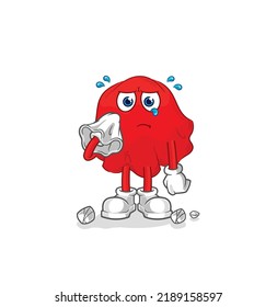 The Red Cloth Cry With A Tissue. Cartoon Mascot Vector