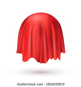 Red cloth drapery covering round object. Silk fabric hanging on gift for surprise reveal vector illustration. Hidden circle secret under veil decoration. Mysterious presentation event.