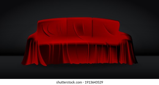 Red cloth drapery covering sofa. Silk fabric hanging on gift for surprise reveal vector illustration. Hidden coach under veil decoration on black background. Mysterious presentation event.