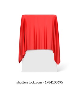 Red cloth on a square pedestal isolated on white. Vector illustration