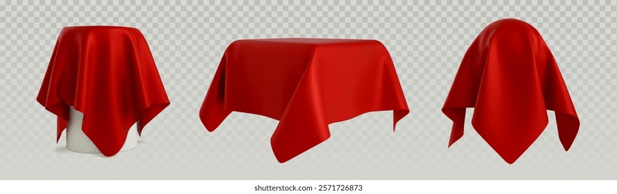 Vermelho pano revelar conjunto de maquete - tecido sedoso com dobras elegantes drapeado sobre diferentes formas. Modelo de apresentação de luxo para desvelamento de produtos, cerimônias de abertura e projetos de exibição premium.