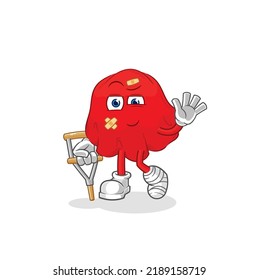 the red cloth sick with limping stick. cartoon mascot vector