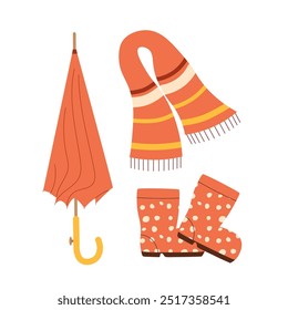 Red Clothing for rainy autumn weather. Vector illustration or fall fashion designs, seasonal apparel, and weather themed projects