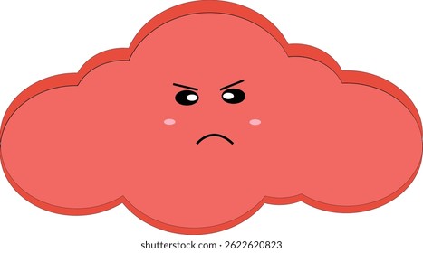 A red cloud with an angry face expression. Kawaii-style cartoon emoticon suitable for educational and weather-themed designs.