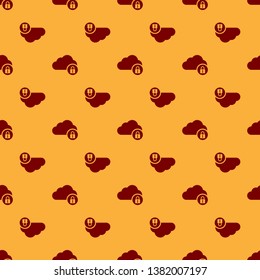 Red Cloud computing lock icon isolated seamless pattern on brown background. Security, safety, protection concept. Vector Illustration