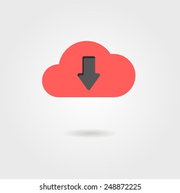 red cloud download with shadow. concept of data transmission, cloud server and downloading information. isolated on grey stylish background. flat style trendy modern logo design vector illustration