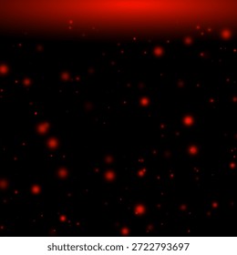 Red cloud hanging at the top releasing falling red dust particles of various sizes and transparency on a black background. Magic festive vector dust effect.