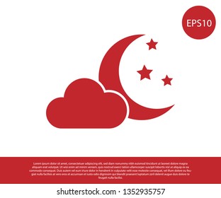 Red Cloud with moon and stars icon isolated on white background. Cloudy night sign. Sleep dreams symbol. Night or bed time sign. Vector Illustration
