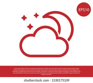 Red Cloud with moon and stars icon isolated on white background. Cloudy night sign. Sleep dreams symbol. Night or bed time sign.  Vector Illustration