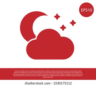 Red Cloud with moon and stars icon isolated on white background. Cloudy night sign. Sleep dreams symbol. Night or bed time sign.  Vector Illustration