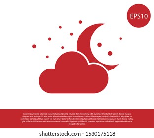 Red Cloud with moon and stars icon isolated on white background. Cloudy night sign. Sleep dreams symbol. Night or bed time sign.  Vector Illustration