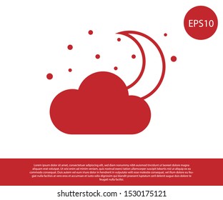 Red Cloud with moon and stars icon isolated on white background. Cloudy night sign. Sleep dreams symbol. Night or bed time sign.  Vector Illustration