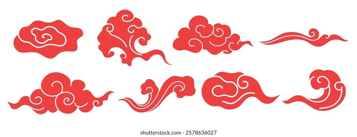 Red cloud motifs in various swirling designs. Traditional red cloud patterns, swirling and decorative. Asian-inspired red cloud motifs, swirling and elegant. Chinese weather elements, vector set.