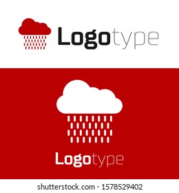 Red Cloud with rain icon isolated on white background. Rain cloud precipitation with rain drops. Logo design template element. Vector Illustration