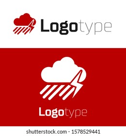 Red Cloud with rain and lightning icon isolated on white background. Rain cloud precipitation with rain drops.Weather icon of storm. Logo design template element. Vector Illustration