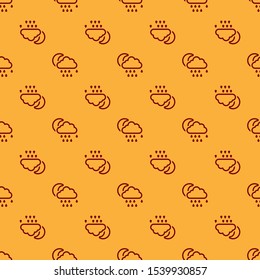 Red Cloud with rain and moon icon isolated seamless pattern on brown background. Rain cloud precipitation with rain drops.  Vector Illustration